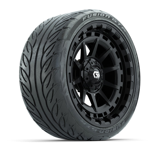 GTW® Barricade Gloss Black 15 in Wheels with 215-40-R15 Fusion GTR Street Tires - Set of 4