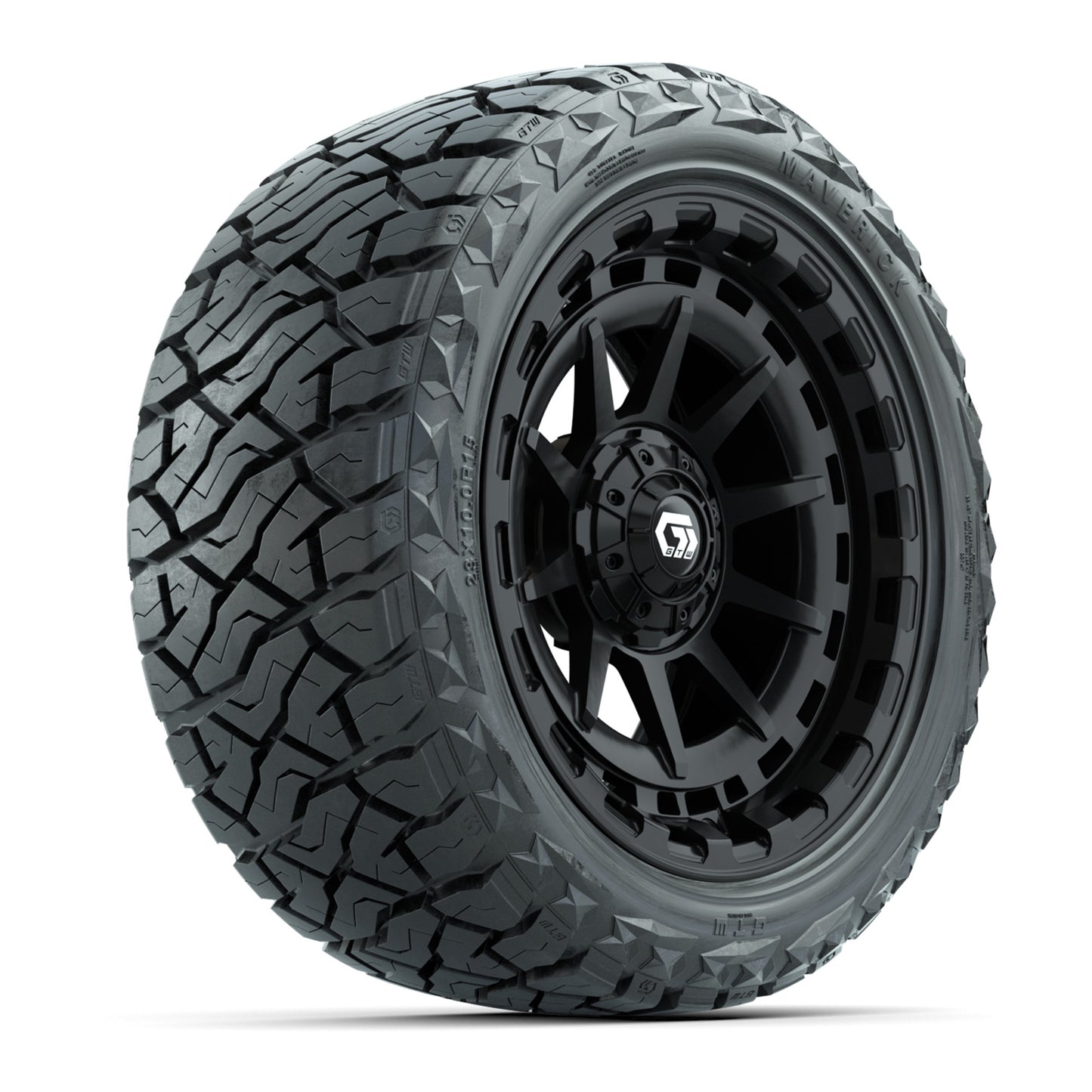GTW® Barricade Gloss Black 15 in Wheels with 23x10.00-R15 Maverick All-Terrain Tires – Set of 4