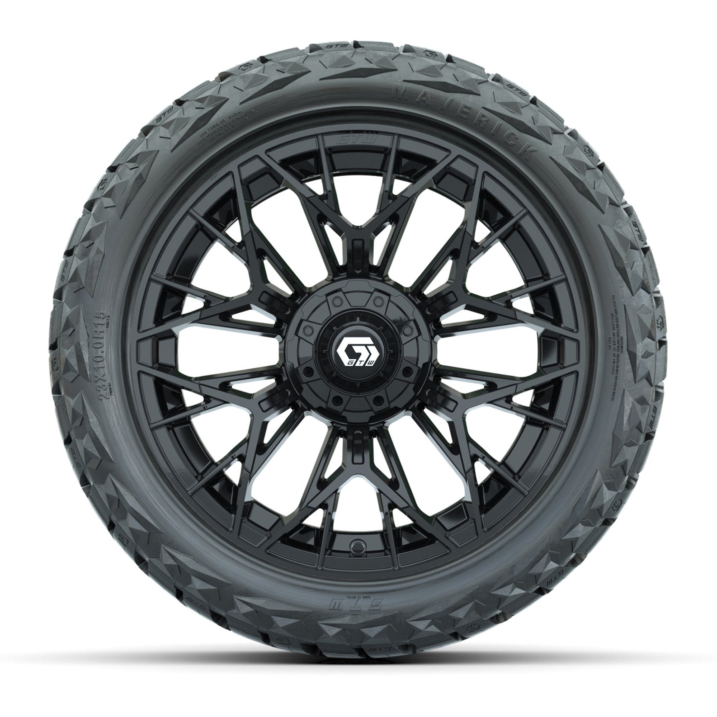 GTW® Stellar Matte Black 15 in Wheels with 23x10.00-R15 Maverick All-Terrain Tires – Set of 4