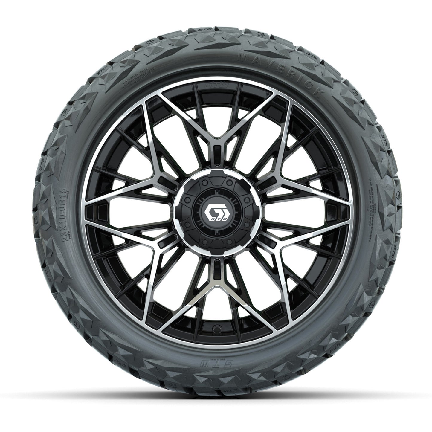 GTW® Stellar Black/Machined 15 in Wheels with 23x10.00-R15 Maverick All-Terrain Tires – Set of 4