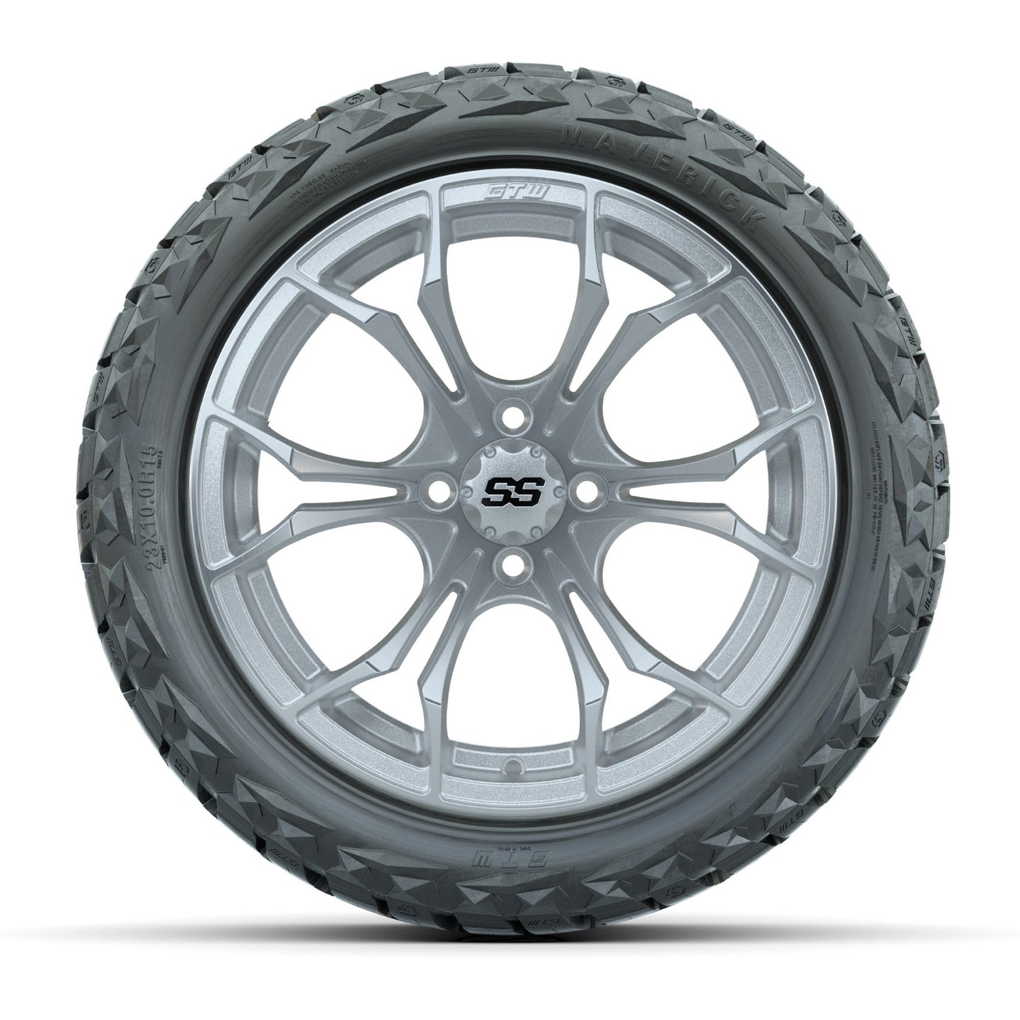 GTW® Spyder Silver/Machined 15 in Wheels with 23x10.00-R15 Maverick All-Terrain Tires – Set of 4