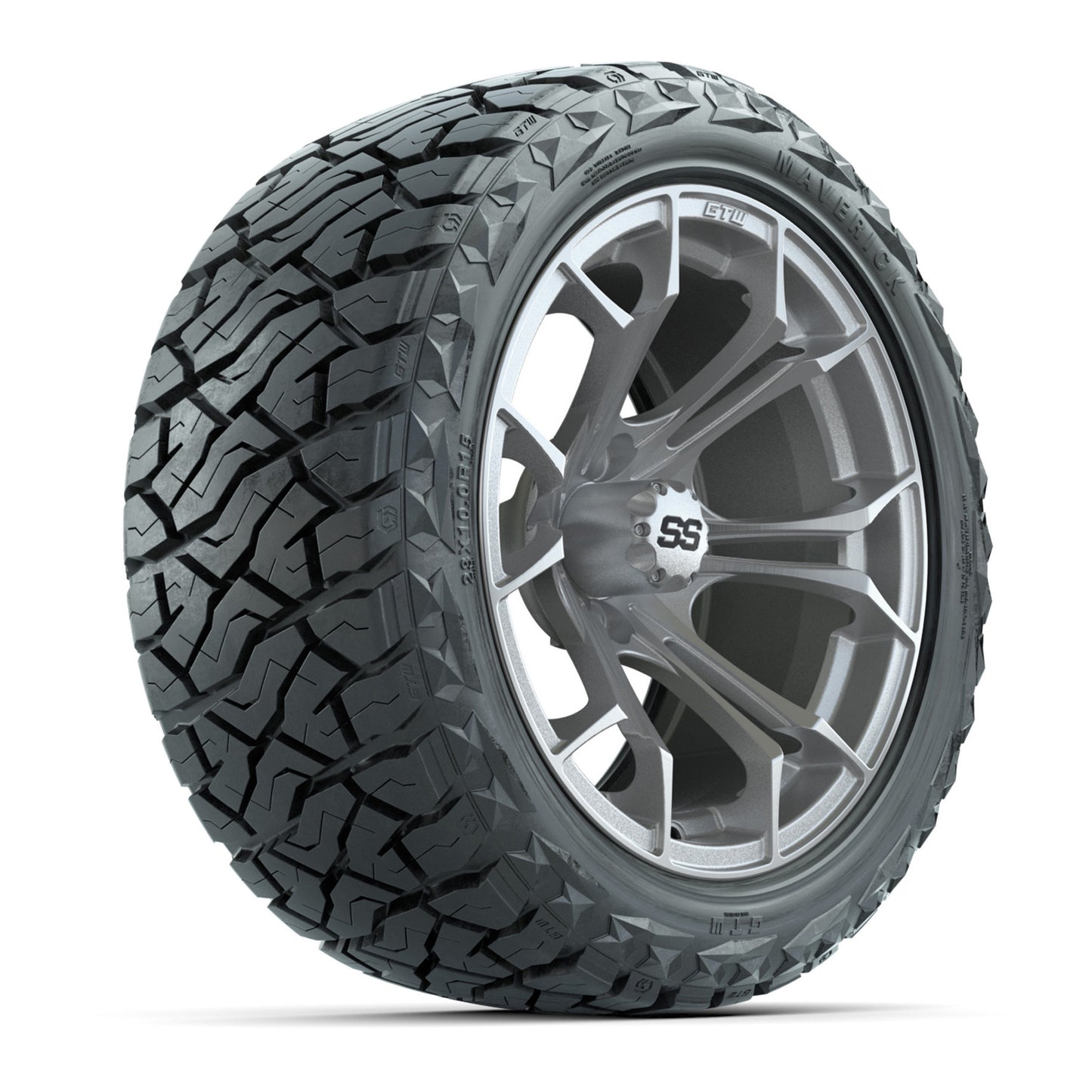 GTW® Spyder Silver/Machined 15 in Wheels with 23x10.00-R15 Maverick All-Terrain Tires – Set of 4