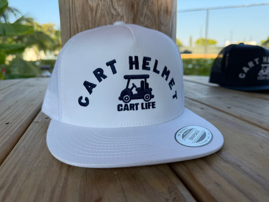 Golf Cart Helmet - Flat Bill Snap Back Trucker - White with Blue