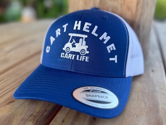 Cart Helmet - Royal Blue and White - White Embroidery - Trucker Snap Back