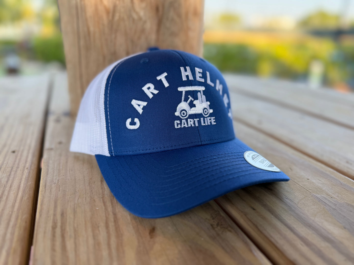 Cart Helmet - Royal Blue and White - White Embroidery - Trucker Snap Back