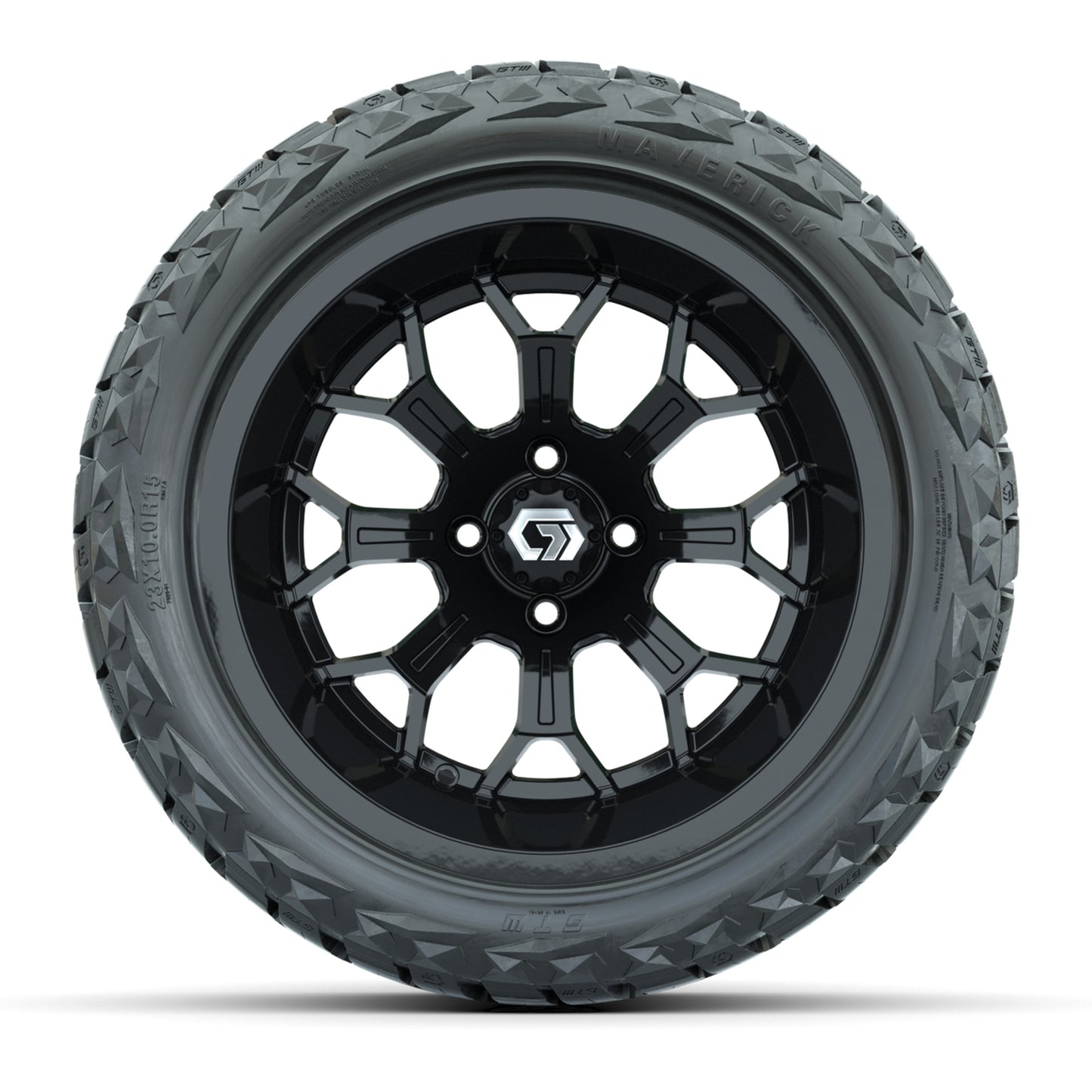 GTW® Assault Gloss Black 15 in Wheels with 23X10-R15 Maverick Steel Belted Radial All-Terrain Tires - Full Set