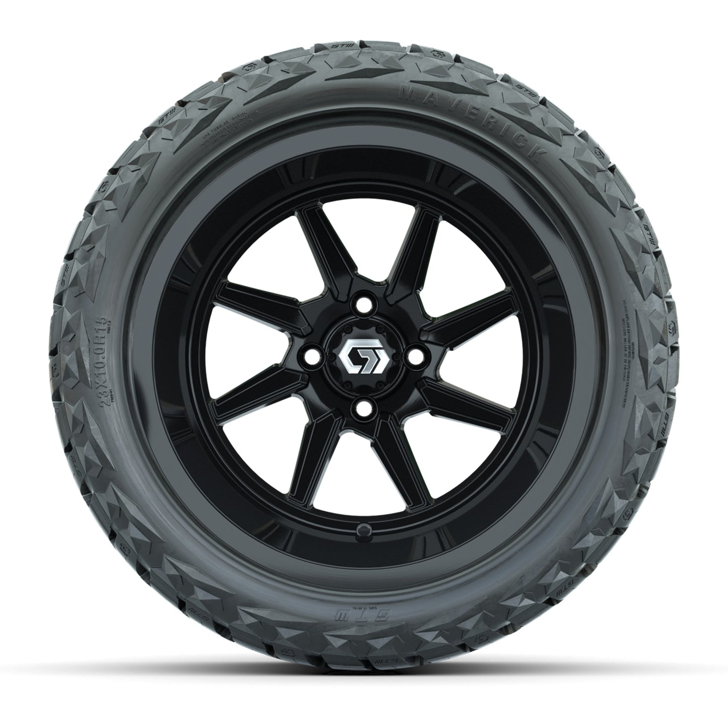 GTW® Reaper Gloss Black 15 in Wheels with 23X10-R15 Maverick Steel Belted Radial All-Terrain Tires - Full Set