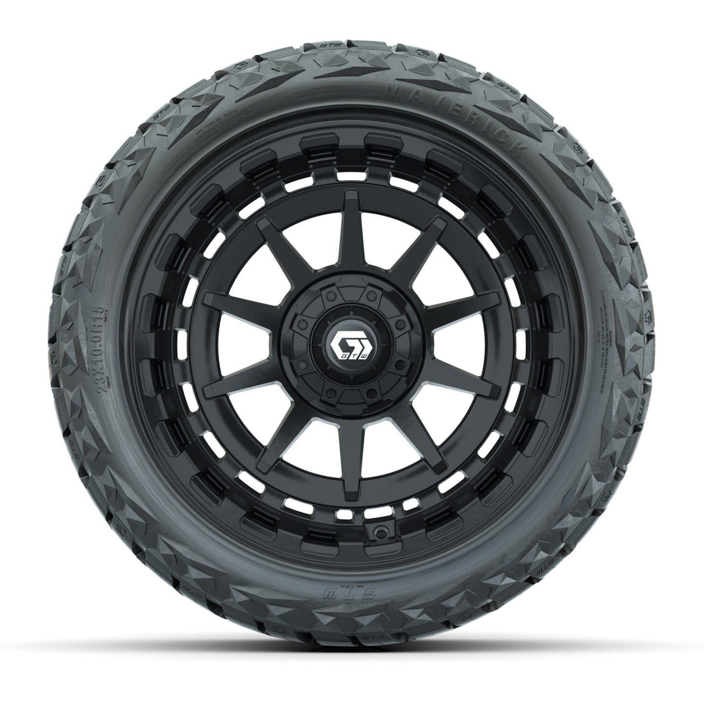 GTW® Barricade Gloss Black 15 in Wheels with 23x10.00-R15 Maverick All-Terrain Tires – Set of 4