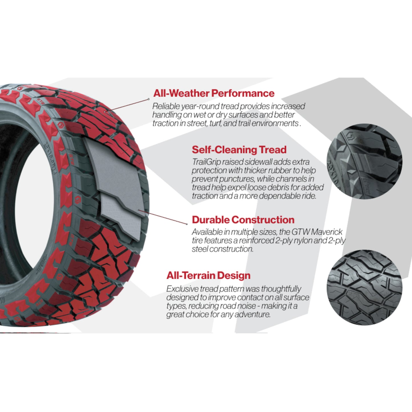 GTW® Barricade Gloss Black 15 in Wheels with 23x10.00-R15 Maverick All-Terrain Tires – Set of 4