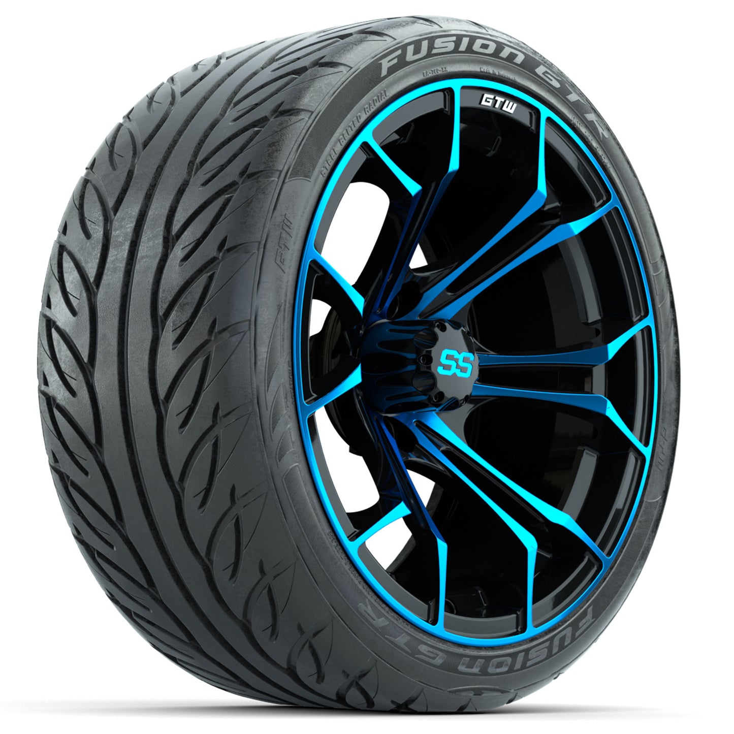 GTW® Spyder Black/Blue 15 in Wheels with Fusion GTR Lo-Pro Street Tires - Set of 4