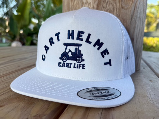 Golf Cart Helmet - Flat Bill Snap Back Trucker - White with Blue
