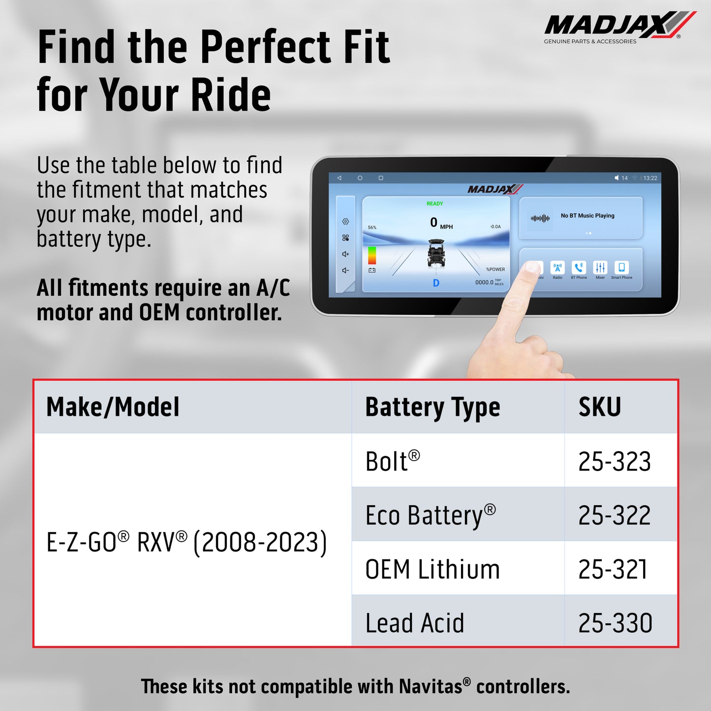 MadJax® Kinect™ Display Screen Kit for A/C motor EZGO RXV ELiTE with OEM Lithium Battery Setup