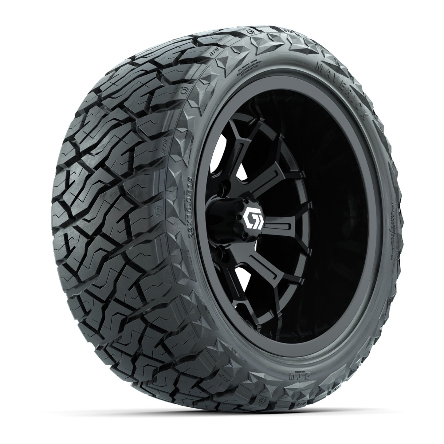 GTW® Assault Gloss Black 15 in Wheels with 23X10-R15 Maverick Steel Belted Radial All-Terrain Tires - Full Set