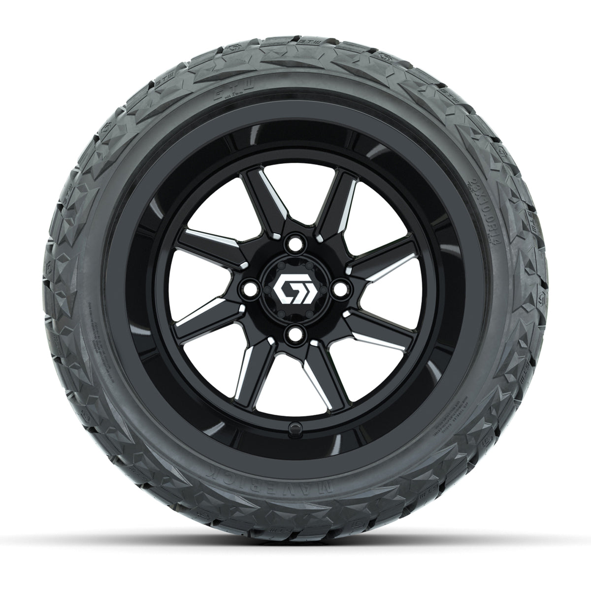 GTW® Reaper Black/Machined 14 in Wheels with 23X10-R14 Maverick Steel Belted Radial All-Terrain Tires - Full Set